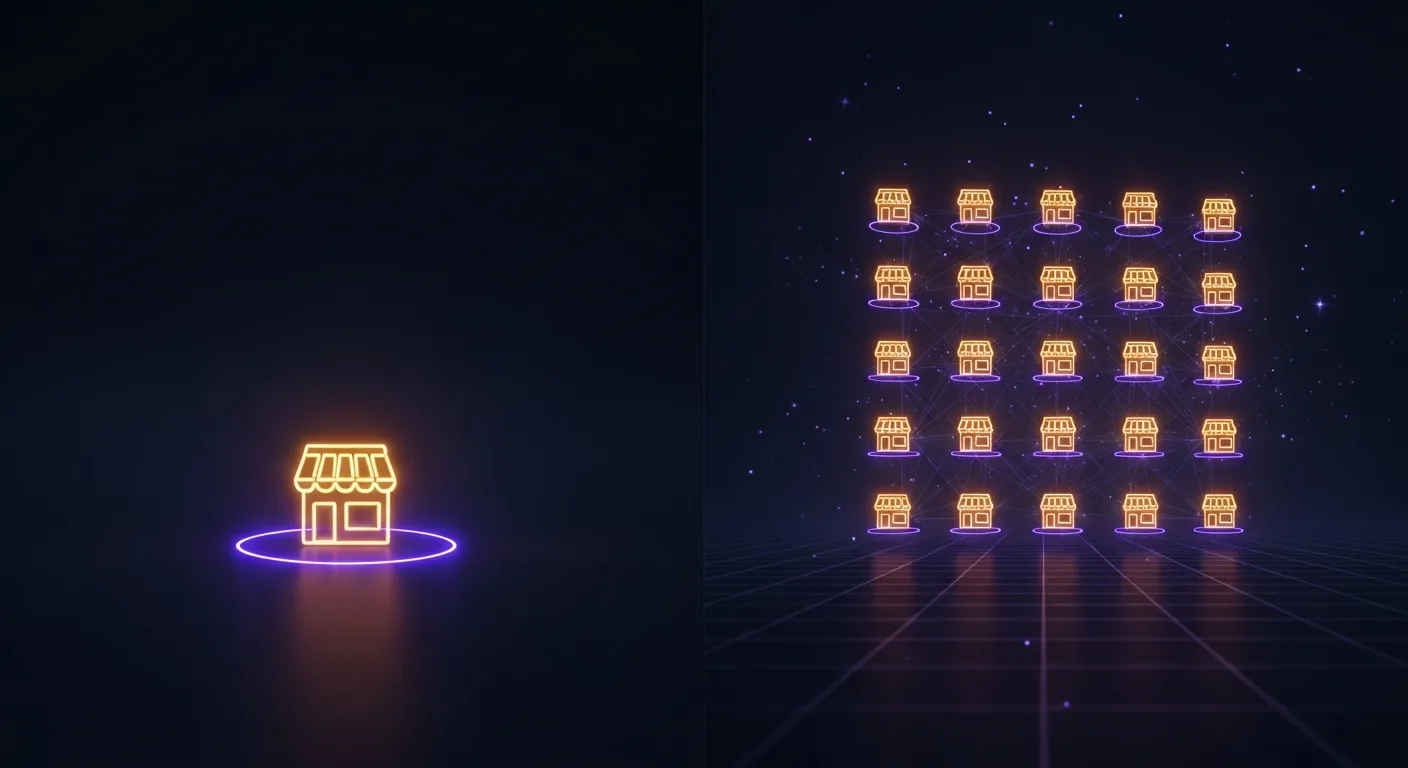 Skalierungslogik der KI-Sichtbarkeit im Franchise: Ein einzelner Standort mit eigener KI-Präsenz im Vergleich zu 60 synchron aktivierten Franchise-Standorten als digitales Netzwerk