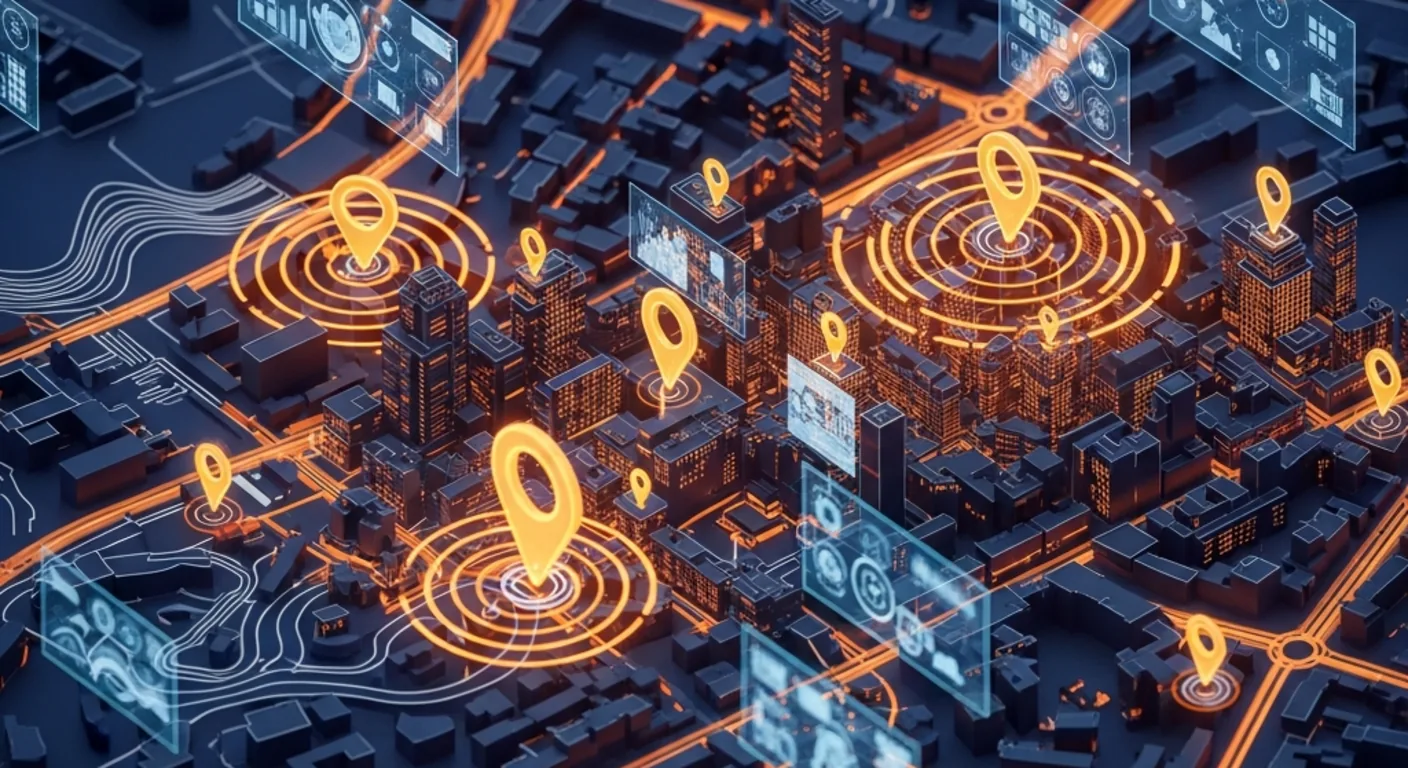 GEO-Strategie für lokale Sichtbarkeit: Stadtsilhouette mit Standortmarkierungen, Datenströmen und KI-Verarbeitungsknoten für Generative Engine Optimization