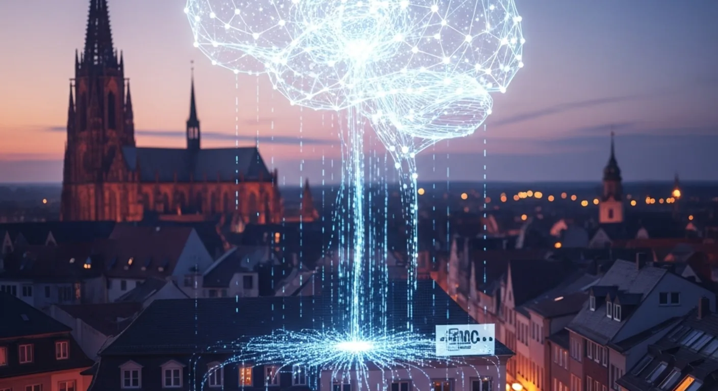 Infografik: So entdecken KI-Assistenten lokale Unternehmen – Datenströme zwischen ChatGPT, Gemini und Geschäftsstandorten in deutschen Städten