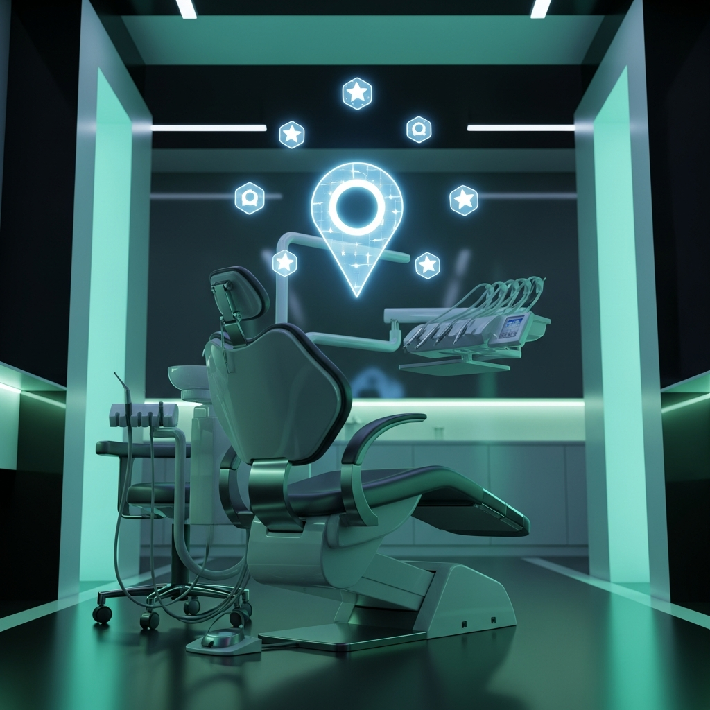 Zahnarztpraxis wird über KI-Suche gefunden: Patientenbewertungen, Standortmarker und KI-Empfehlungs-Interface für lokale Zahnarztsuche